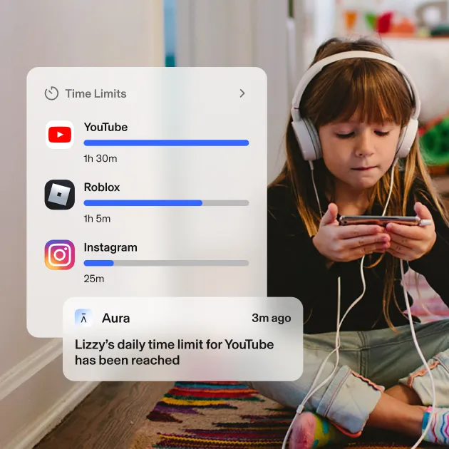 Young girl on floor watching a video with headphones on. Aura UI: Lizzy's daily time limit for YouTube has been reached.  